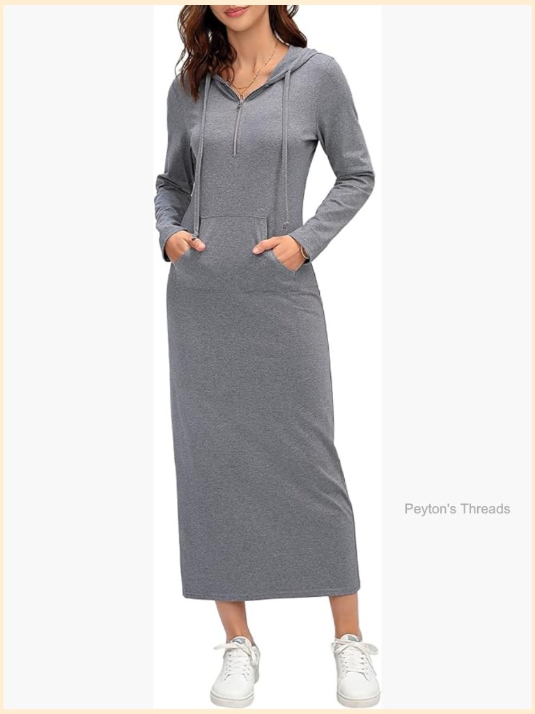 Womens Casual Quarter-Zip Pocket Hoodie Maxi Dress 34 Sleeve Slim Split Pullover